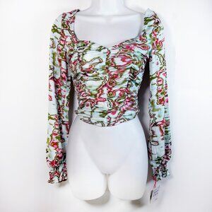 NWT - Open Edit Ruched‎ Crop Top Blue Green Ripple Blouse Artistic